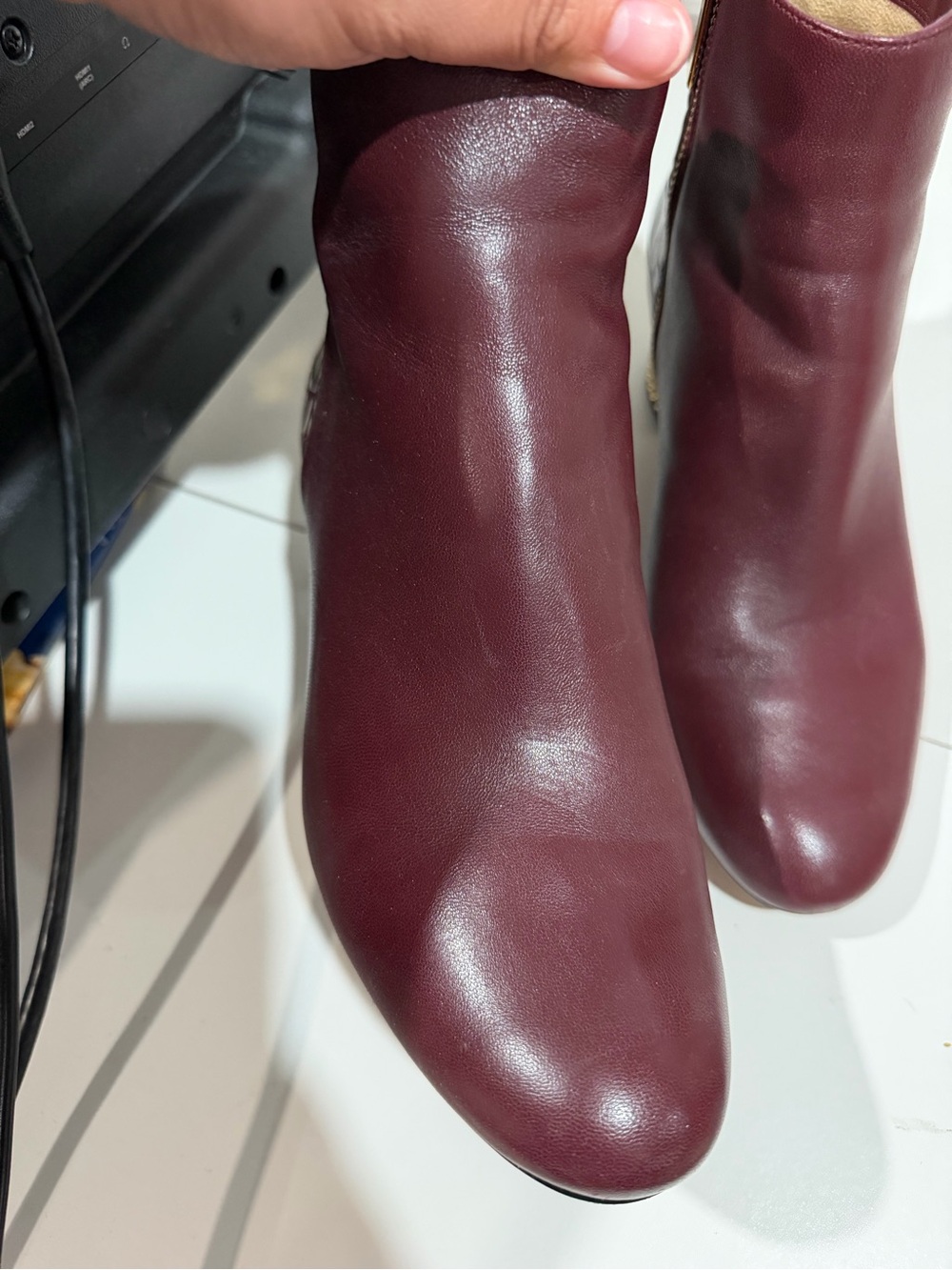 Michael Kors Burgundy Croc-Detail Block Heel Ankle Boots with Gold Chain - Picture 7 of 11